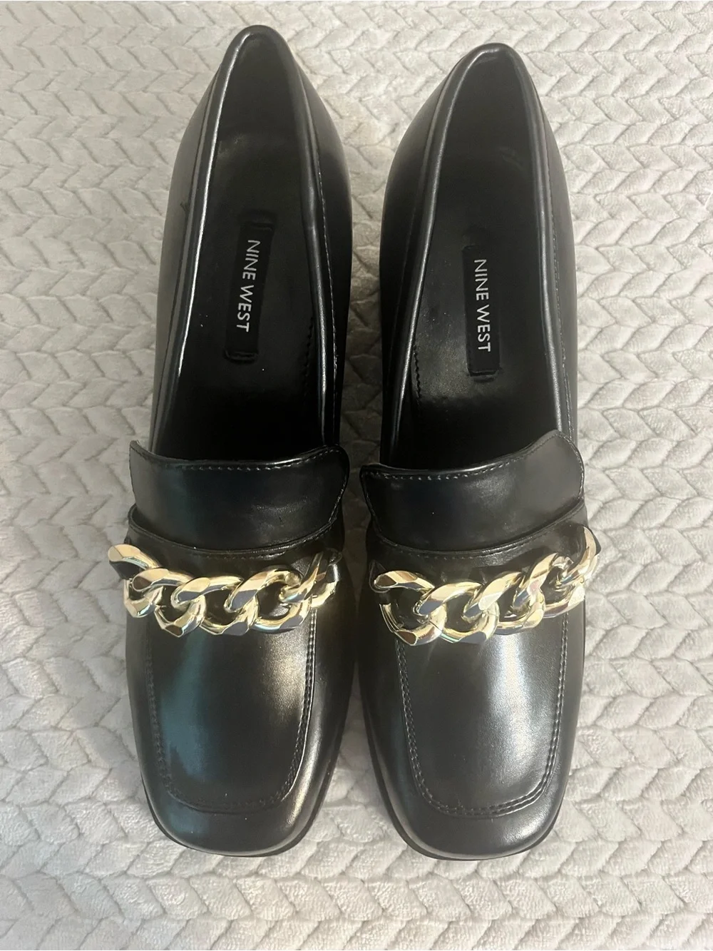 Nine West Black Leather Block Heel Loafers with Gold Chain Accent